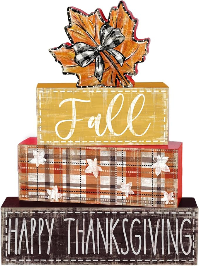 DIYDEC 4Pcs Fall Table Decor Fall Wood Block Signs Maple Leaves Sign Autumn Tiered Tray Decor Tha... | Amazon (US)