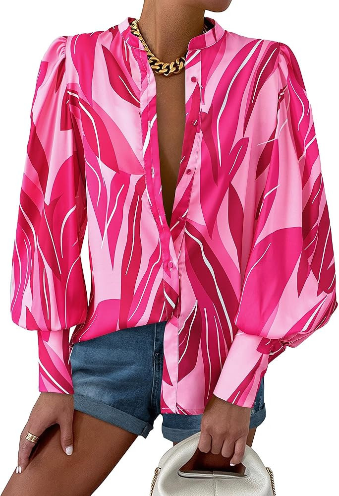 KIRUNDO Women Boho Printed Button Down Shirts Puff Long Sleeve Casual Dressy Work Blouse Summer F... | Amazon (US)