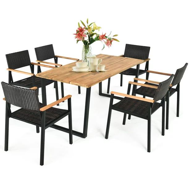 Costway 7 Pieces Patio Rattan Dining Chair Table Set Solid Wood Frame Umbrella Hole - Walmart.com | Walmart (US)