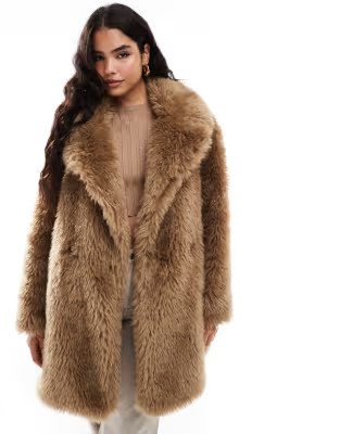 Stradivarius STR mid length faux fur jacket in brown | ASOS (Global)