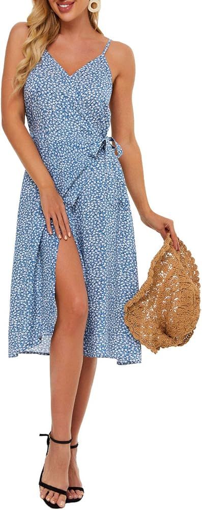 QUALFORT Women's V Neck Floral Spaghetti Strap Summer Casual Dresses | Amazon (US)