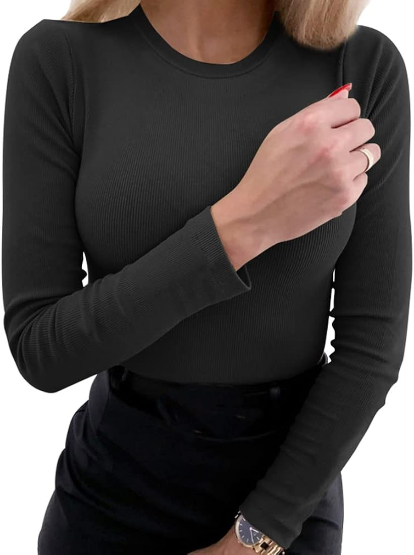 Roselux Women’s Long Sleeve Crewneck Ribbed Fitted Knit Shirts BasicTops | Amazon (US)
