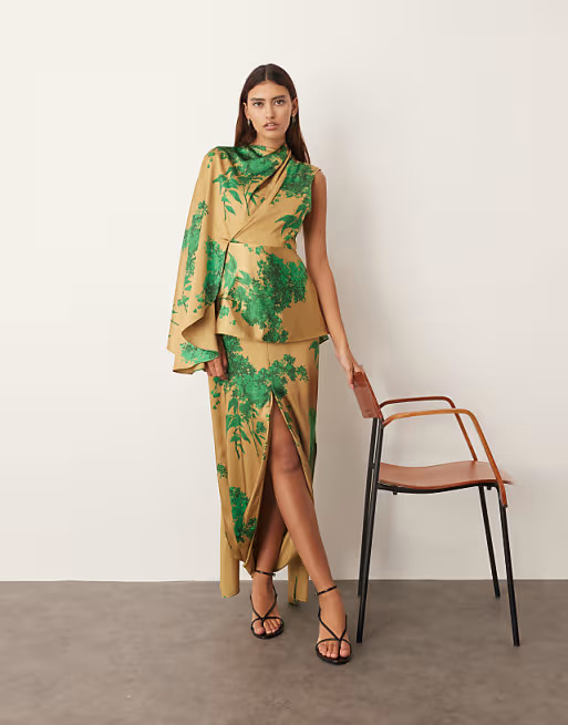 ARRANGE asymmetric cape sleeve drape panel midi dress in floral print | ASOS | ASOS (Global)