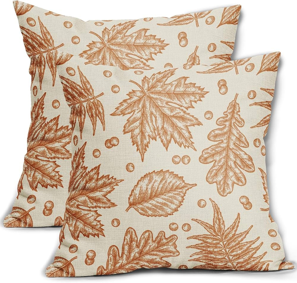 Fall Pillow Covers 18x18 Set of 2 Burnt Orange Maple Leaf Autumn Themed Thanksgiving Harvest Prin... | Amazon (US)