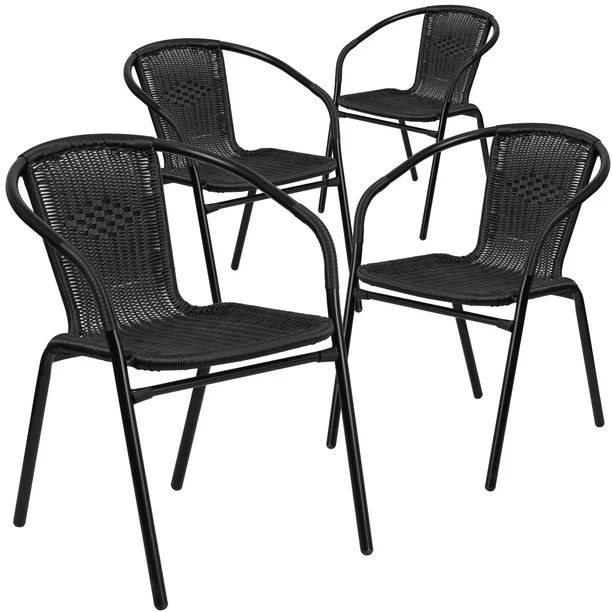 Flash Furniture 4 Pack Black Rattan Indoor-Outdoor Restaurant Stack Chair | Walmart (US)