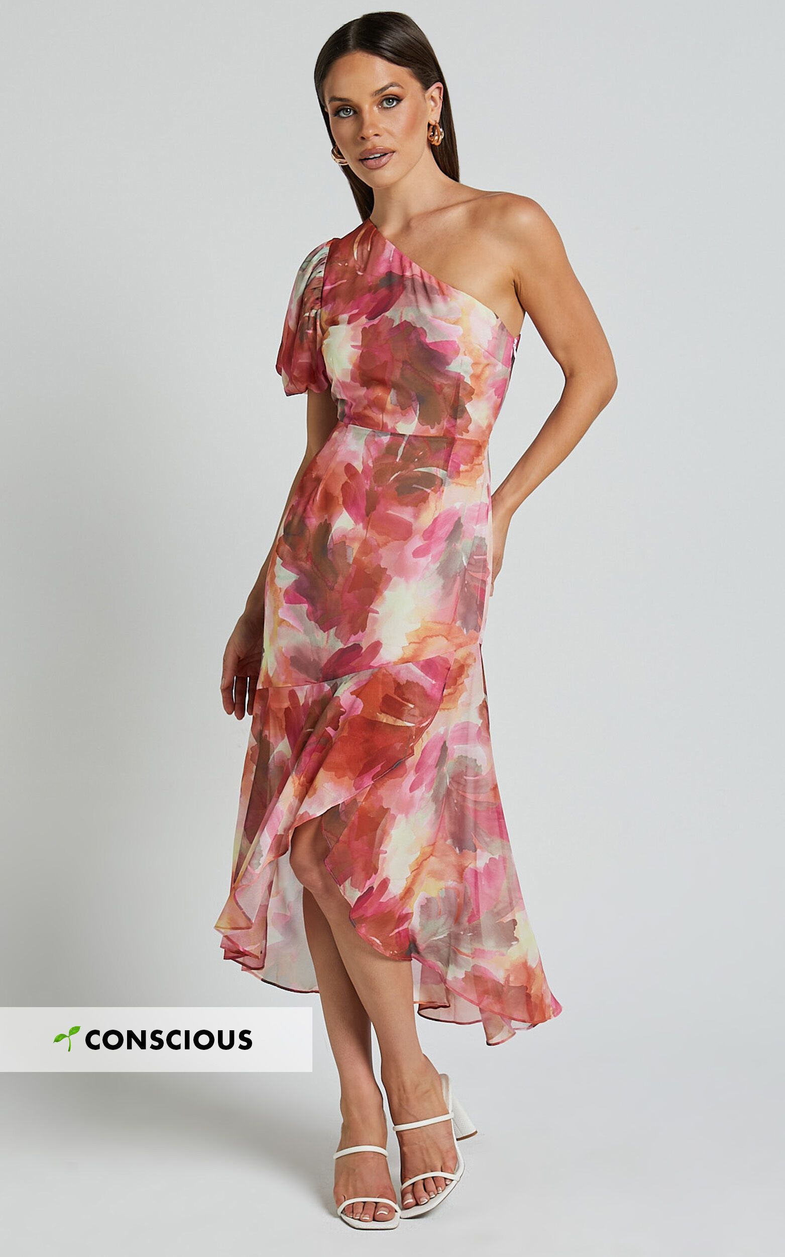 Labelle Midi Dress - Recycled Polyester One Shoulder Asymmetric Dress in Haze Floral | Showpo (US, UK & Europe)