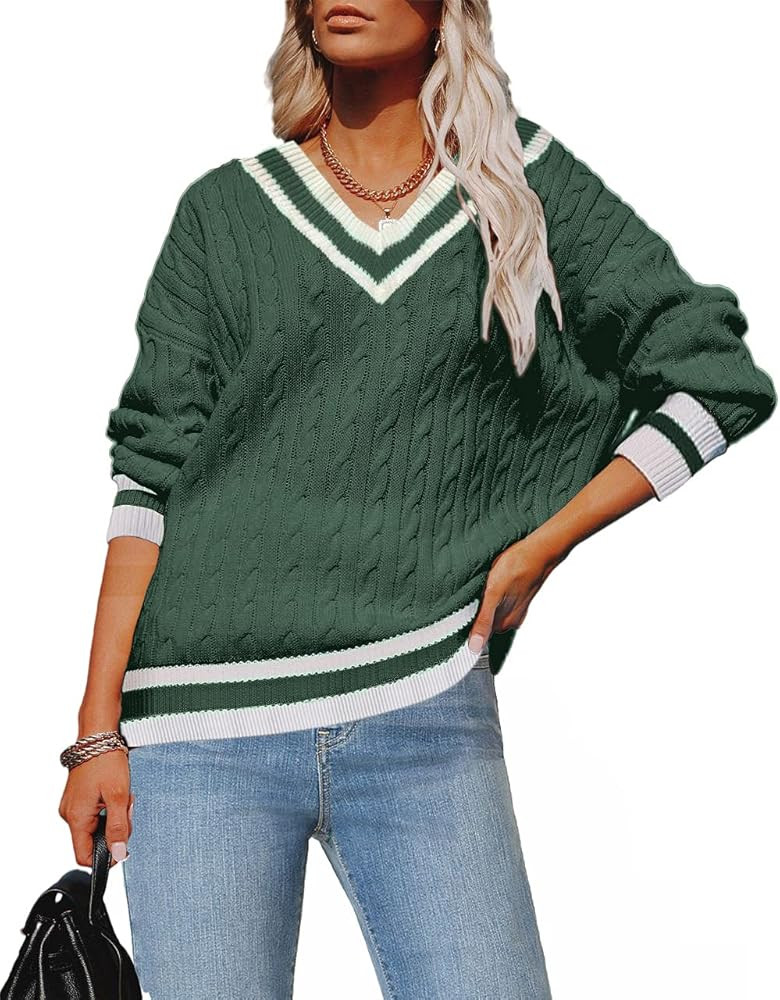 Jollycode Women's V Neck Cable Knit Pullover Sweaters Striped Long Sleeve Casual Loose Chunky Jum... | Amazon (US)