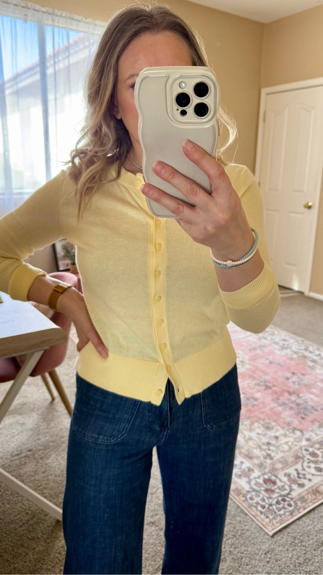 Perfect cardigan for spring. Love the butter yellow color and the style. Very lightweight and available in lots of colors. On sale now! 