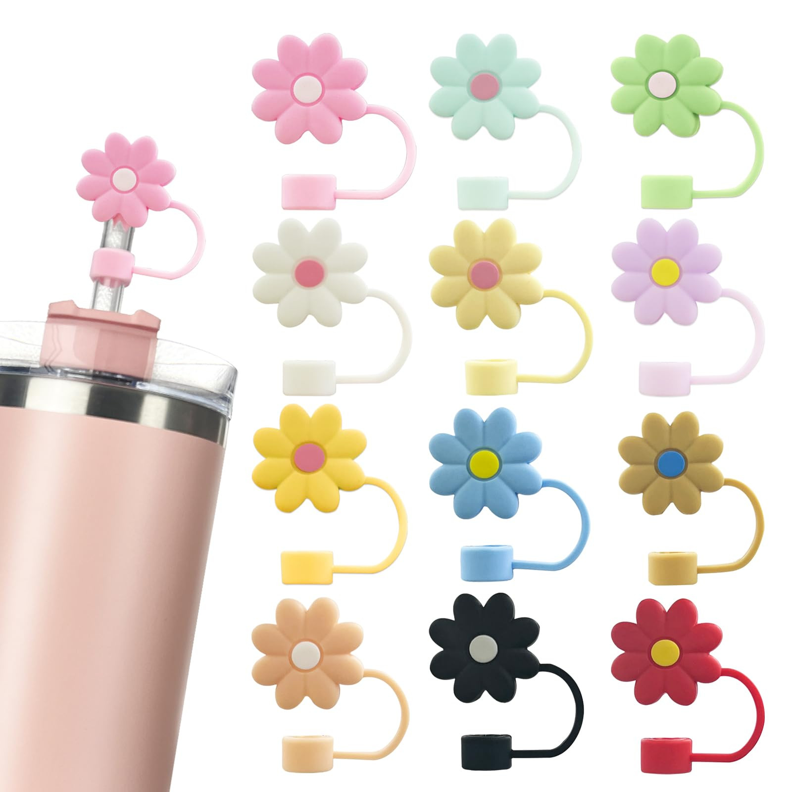 12PCS Silicone Straw Covers Cap Compatible with Stanley 30&40 Oz Cup, 10mm Cute Flower Straw Topp... | Amazon (US)