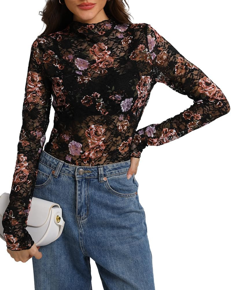 IWOLLENCE Women's Long Sleeve Mock Neck Lace Tops Sexy Floral Western See Through Blouse Sheer Me... | Amazon (US)