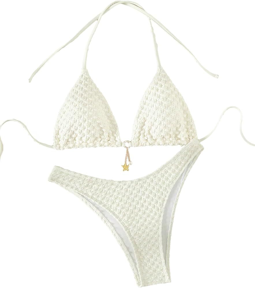 Verdusa Women's 2 Piece Tie Knot Halter Shell Pom Triangle Bikini Sets Bathing Suits | Amazon (US)