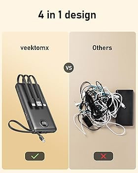 VEEKTOMX Portable Charger with Built-in Cables, 10000mAh Power Bank for iPhone, Slim Fast Charge ... | Amazon (US)