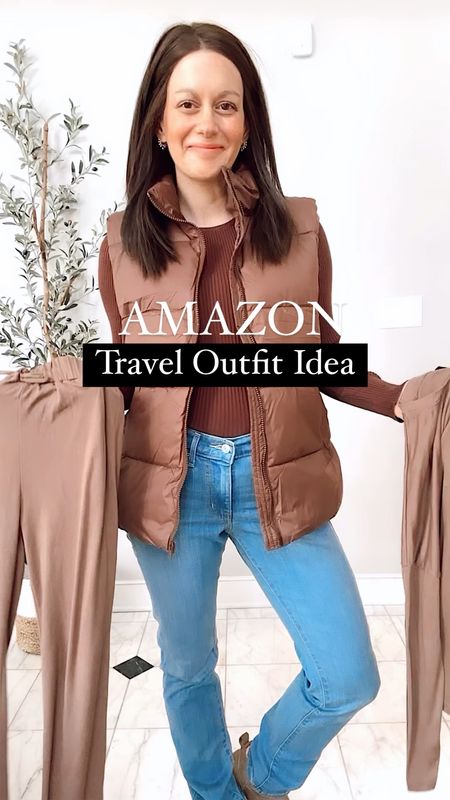 Amazon travel outfit idea - lounge set runs true to size, I’m wearing a small. Puffer vest runs true to size. Ugh look a like boots run a tad small, I sized up 1/2 a size.  Paired with a lululemon look a like bag from Amazon! 



#LTKover40 #LTKstyletip #LTKSeasonal