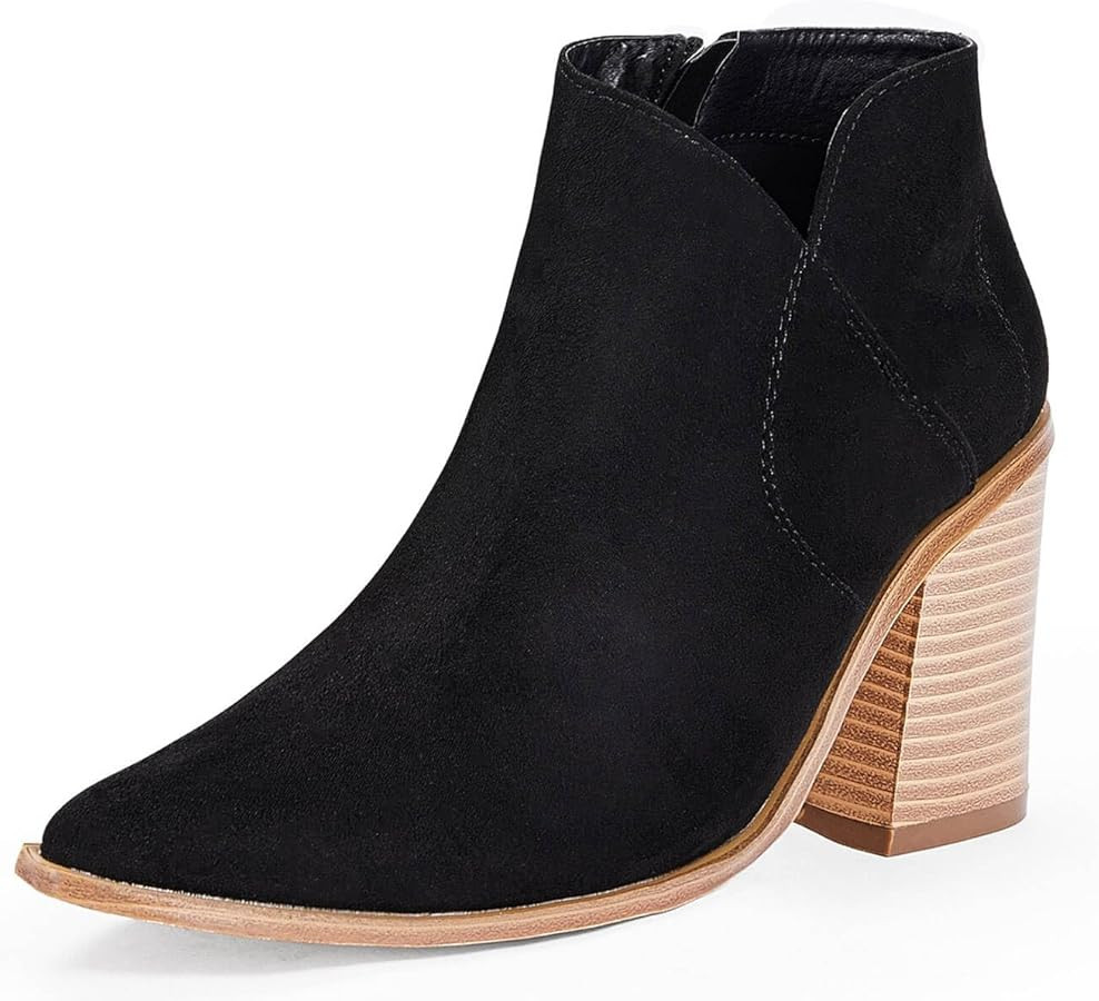 Womens Pointed Toe Ankle Boots Block Stacked Chunky Heel Cutout Side Zipper Fall Booties Shoe | Amazon (US)