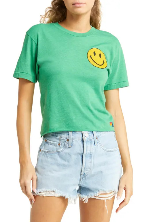 Aviator Nation Smiley Face Crop Boyfriend Graphic Tee in Kelly Green at Nordstrom, Size Small | Nordstrom