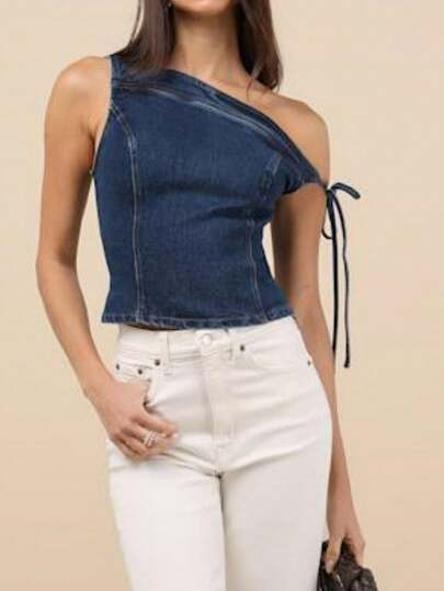 Women's Summer Fashion Slim One Shoulder Tie Sleeveless Denim Top For Daily Streetwear | SHEIN