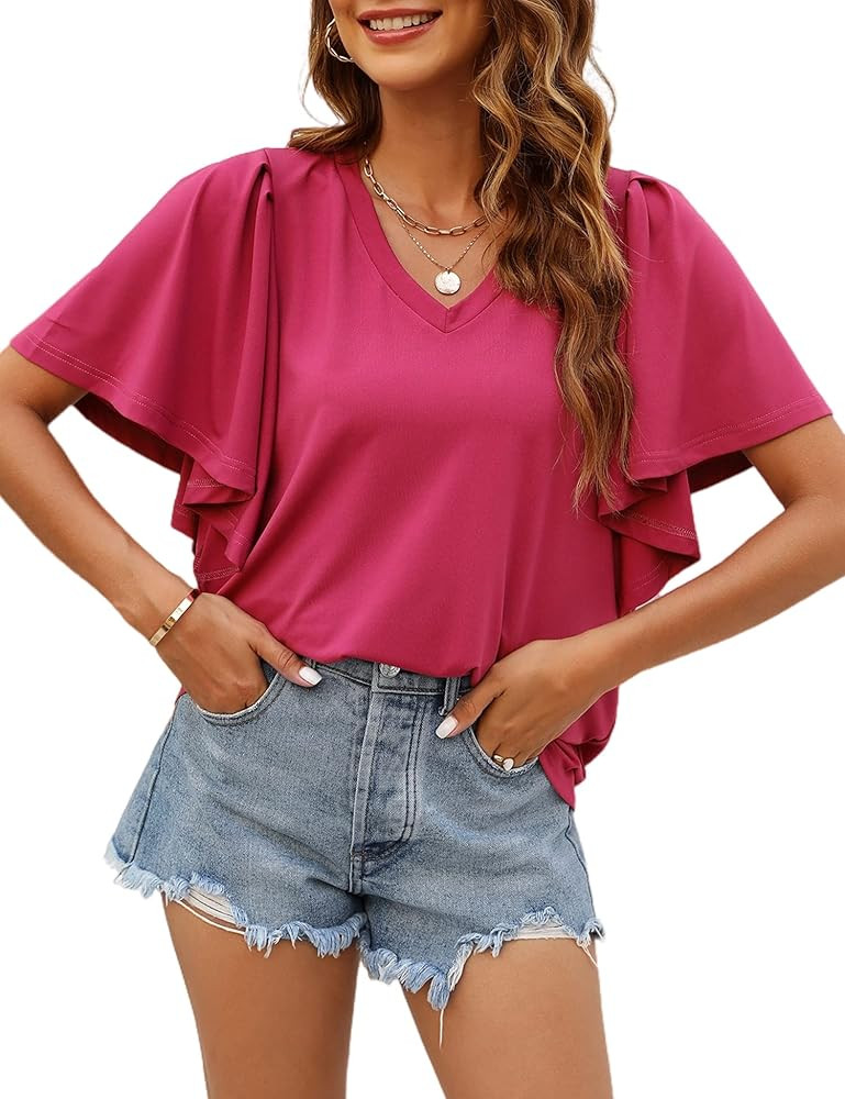 Jollycode V Neck Blouses for Women Ruffle Sleeve Summer Tops Dressy Casual Trendy Shirts Loose Fi... | Amazon (US)