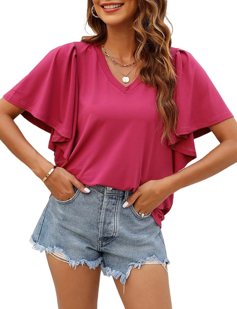 Jollycode V Neck Blouses for Women Ruffle Sleeve Summer Tops Dressy Casual Trendy Shirts Loose Fi... | Amazon (US)