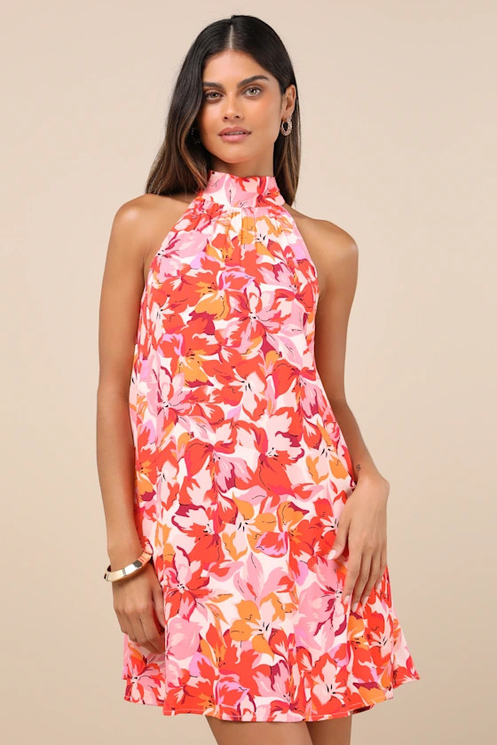 Tied Back To You Red and Pink Floral Print Mini Shift Dress | Lulus