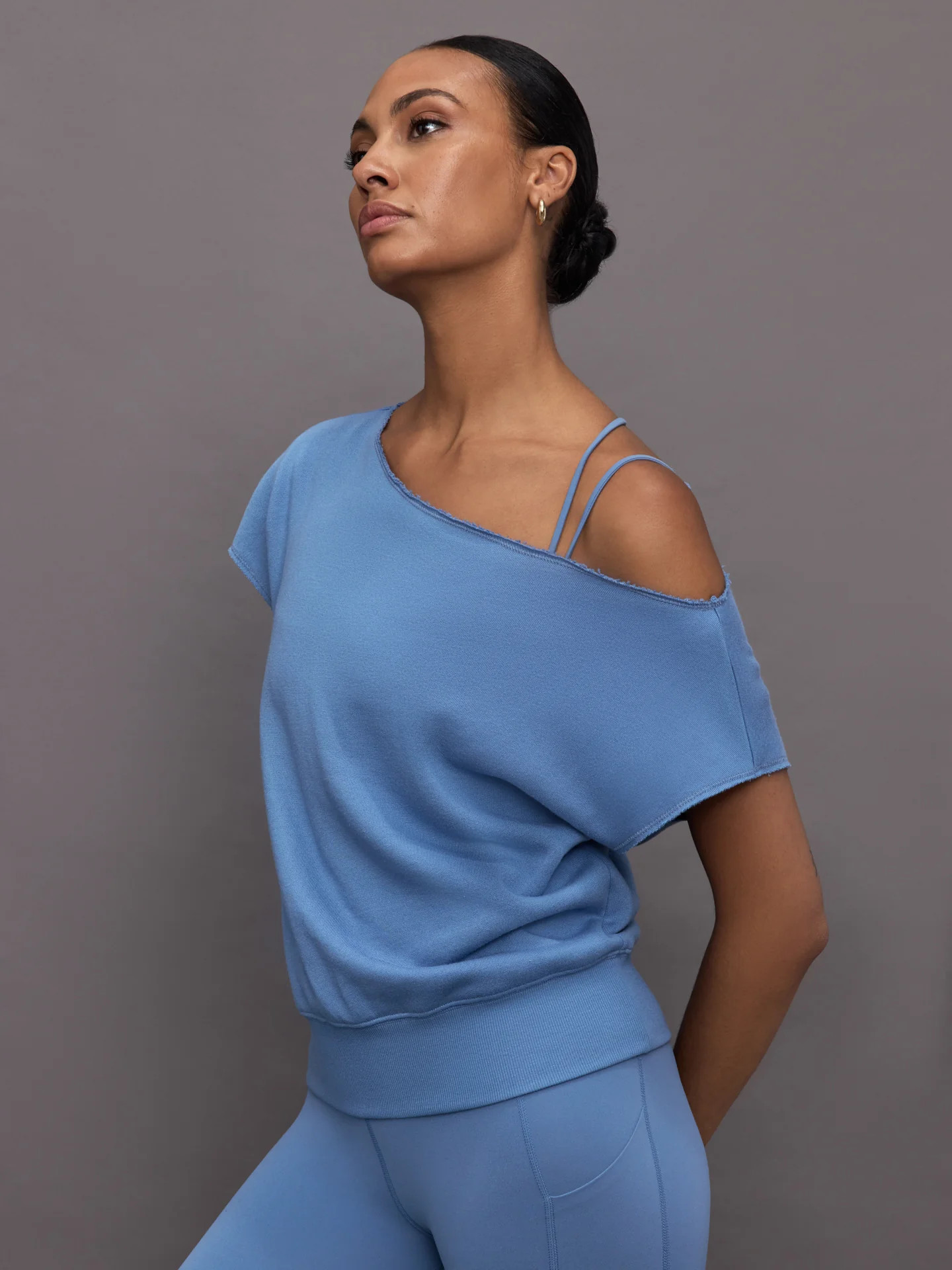 Short Sleeve Off Shoulder Sweatshirt in French Terry - Coronet Blue | Carbon38