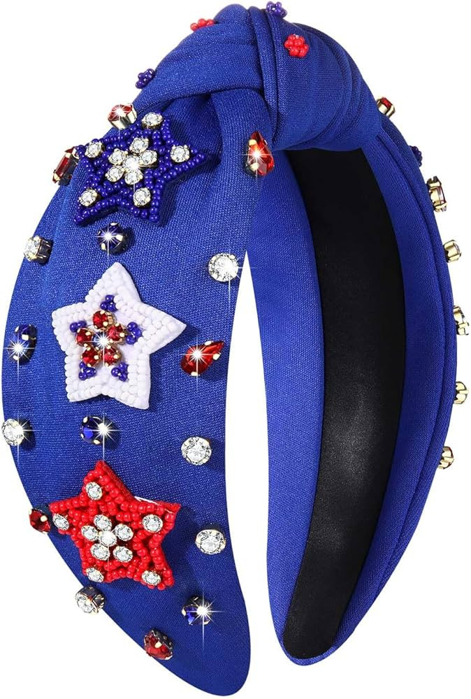 4th of July Headband for Women American Flag Star Knotted Headbands Red White and Blue Rhinestone... | Amazon (US)