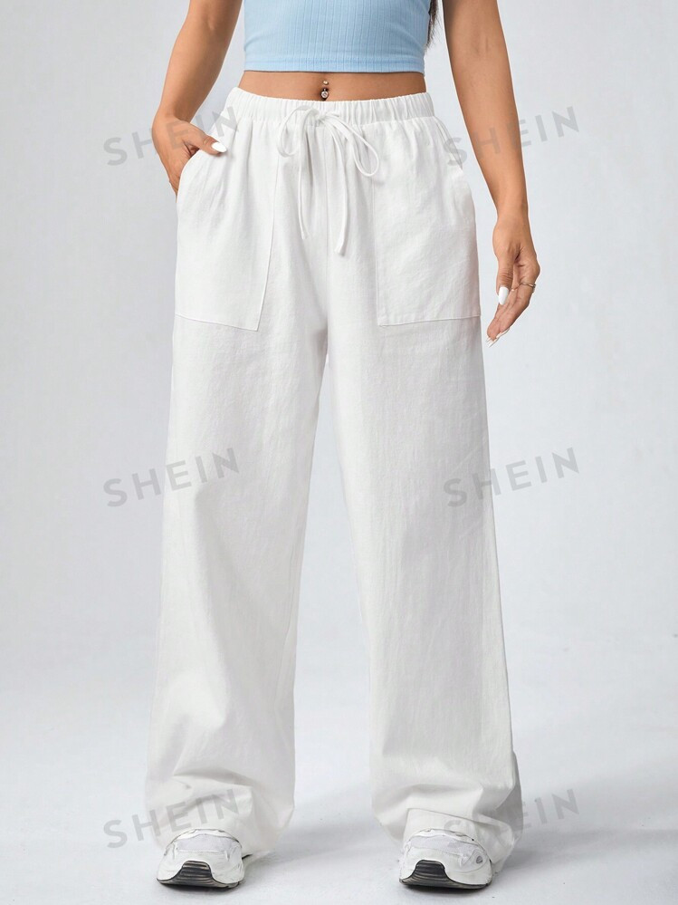SHEIN EZwear Solid Color Pocket & Drawstring Waist Wide Leg Pants | SHEIN