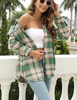 Oversized Womens Flannel Plaid Soft Flannel Button Down Shirt Roll Up Long Sleeve Flannel Plaid S... | Amazon (US)