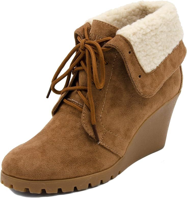 Womens New Rendon Lace-Up Boot Wedge Ankle Bootie with Fold Over Sherpa Fur Collar | Amazon (US)