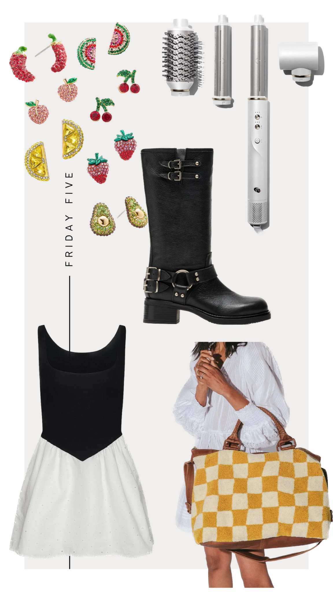 Friday Five: Shop My Wishlist 

1. Skatie Bella Dress 
2. Steve Madden Astor Boots 
3. T3 Micro Aire 360 - Code: KristinT320
4. Cleobella Checkered Weekender
5. Baublebar mini fruit earrings    

#LTKStyleTip #LTKShoeCrush #LTKBeauty