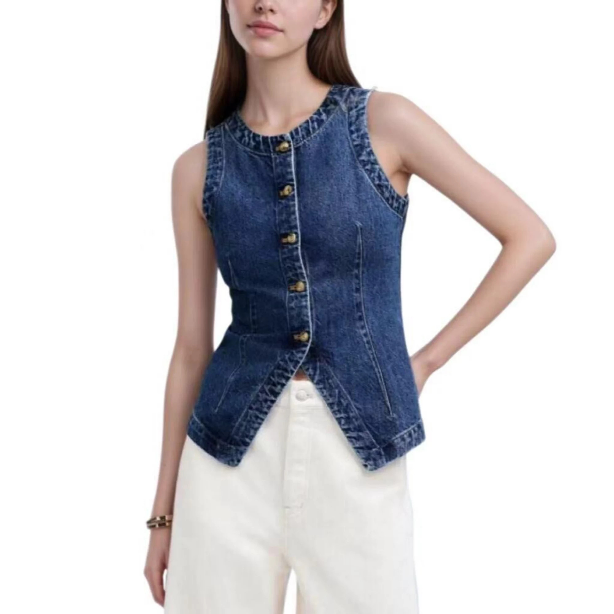 Womens Denim Vests Summer Casual Crew Neck Sleeveless Fitted Button Down Jean Tank Tops Waistcoat | Kohl's