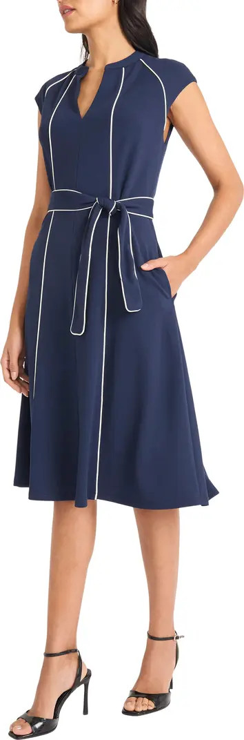 Maggy London Contrast Piped Belted Midi Dress | Nordstrom | Nordstrom