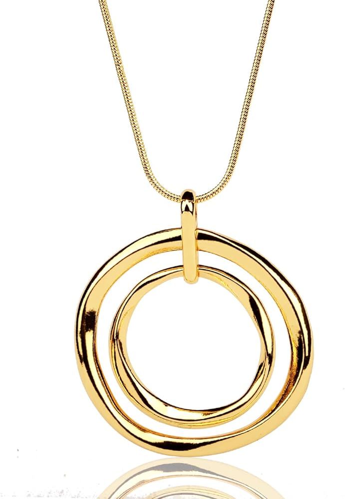 Silver Gold Double Circle/Ginkgo Necklace, Long Silver Necklace Sweater long Silver Chain for Wom... | Amazon (US)