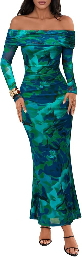 MEROKEETY Women's Fall Off Shoulder Floral Maxi Dresses Formal Long Sleeve Bodycon Cocktail Weddi... | Amazon (US)