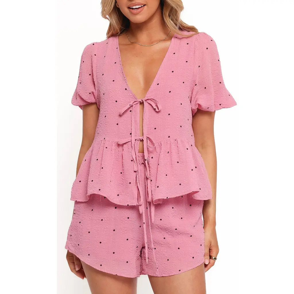 Petal & Pup Dory Floral Embroidered Tie Front Top in Pink Polka Dot at Nordstrom Rack, Size Small | Nordstrom Rack