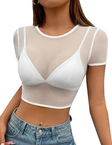 Avidlove Sheer Crop Tops for Women White Mesh Crop Top Short Sleeve See Through Blouses Y2K Shirt White S | Amazon (US)