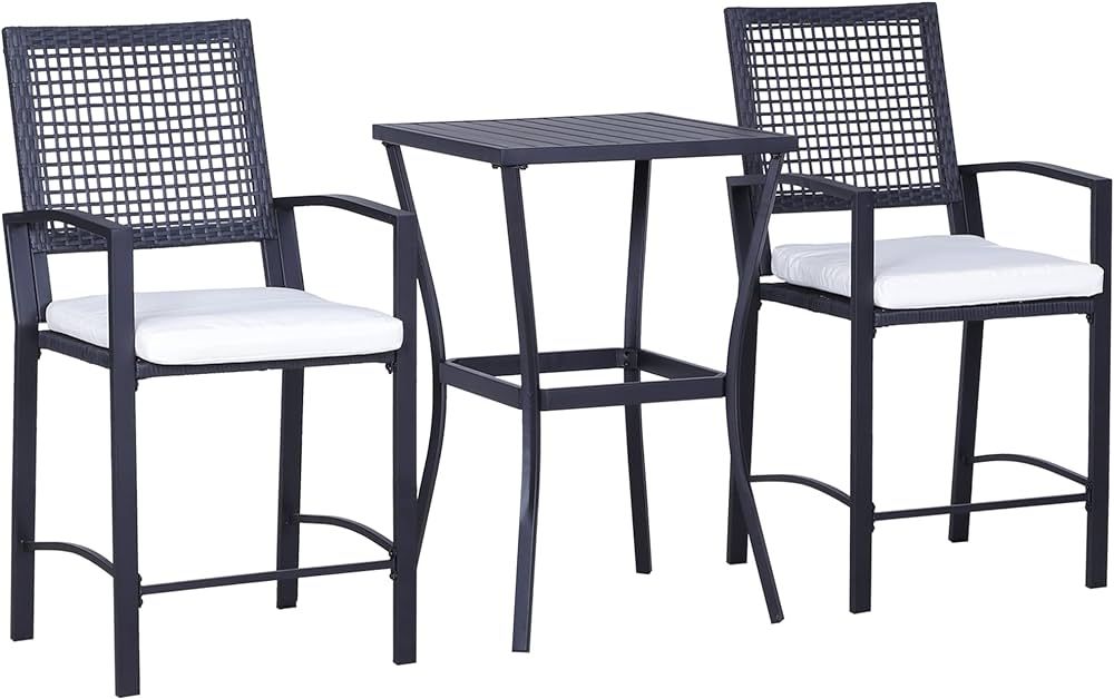 Outsunny 3pcs Patio Bar Set with Soft Cushion, Rattan Wicker Outdoor Furniture Set for Backyards,... | Amazon (US)