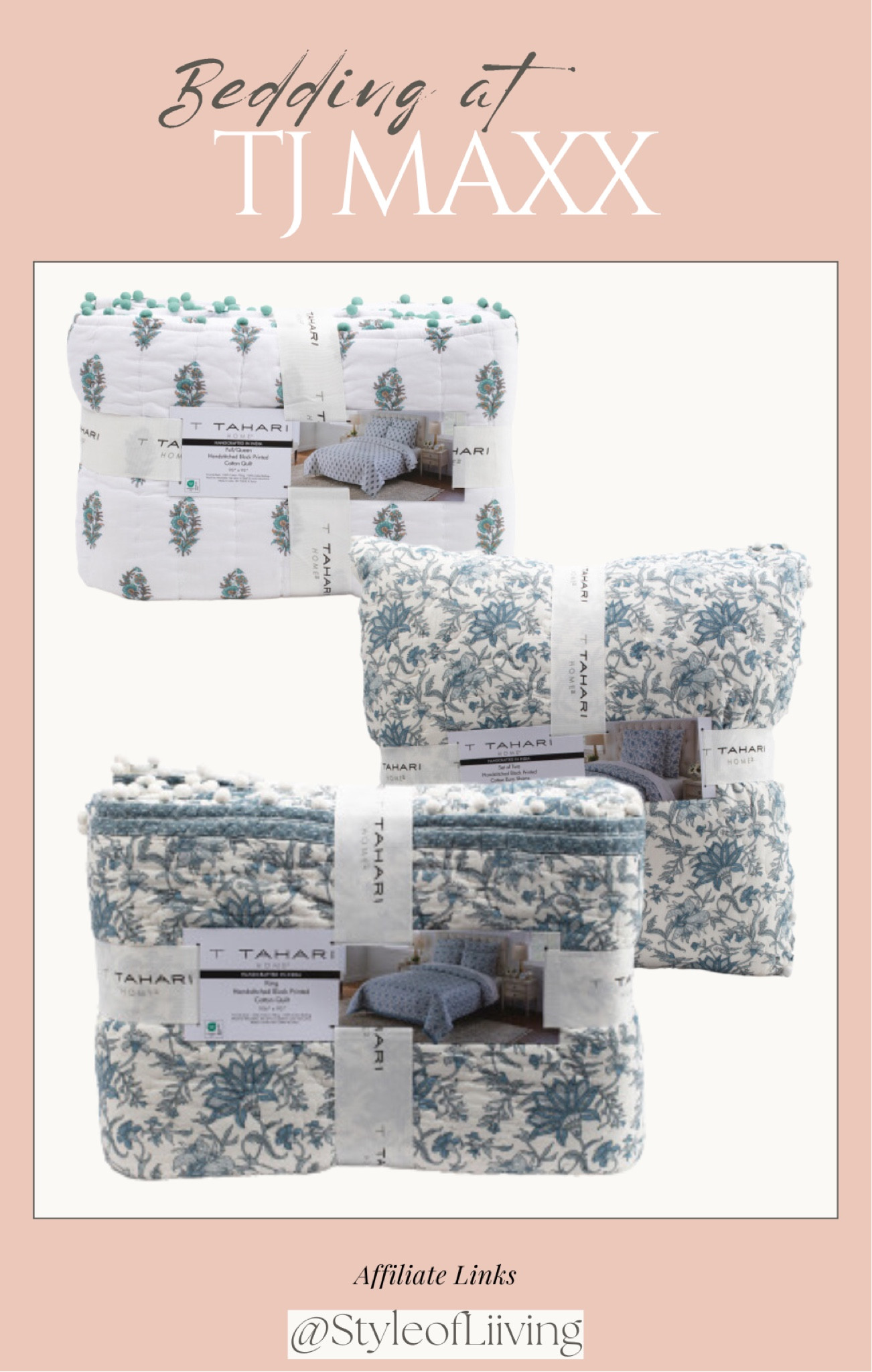 Bedding at TJ Maxx. Quilts, shams, blue, green, and white.

#LTKFindsUnder100 #LTKStyleTip #LTKHome