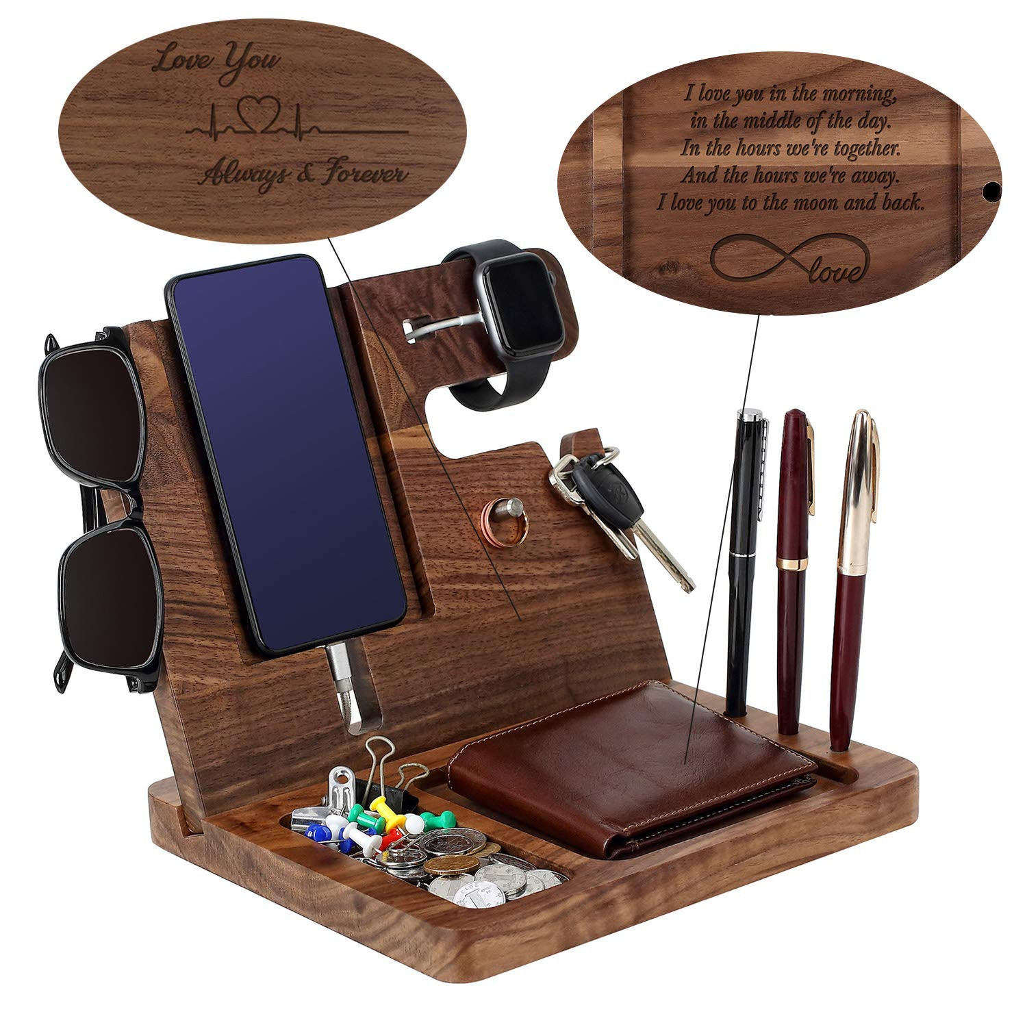 Wooden Phone Docking Station for Men - Engraved Nightstand Organizer, Phone Holder, Key, Wallet, Wat | Amazon (US)
