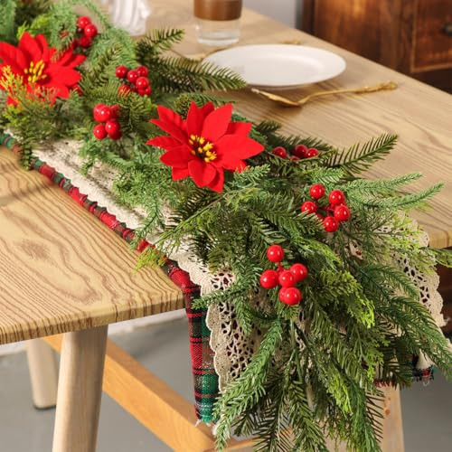 Christmas Artificial Norfolk Pine Garlands for Mantle, 6FT Red Poinsettia Flowers Garland Winter Table Centerpiece Decorations for Home Porch Fireplace Outdoor Xmas Decor (Green) | Amazon (US)