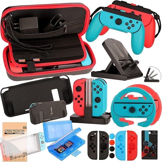 EOVOLA Accessories Kit for Nintendo Switch / Switch OLED Model Games Bundle Wheel Grip Caps Carry... | Amazon (US)