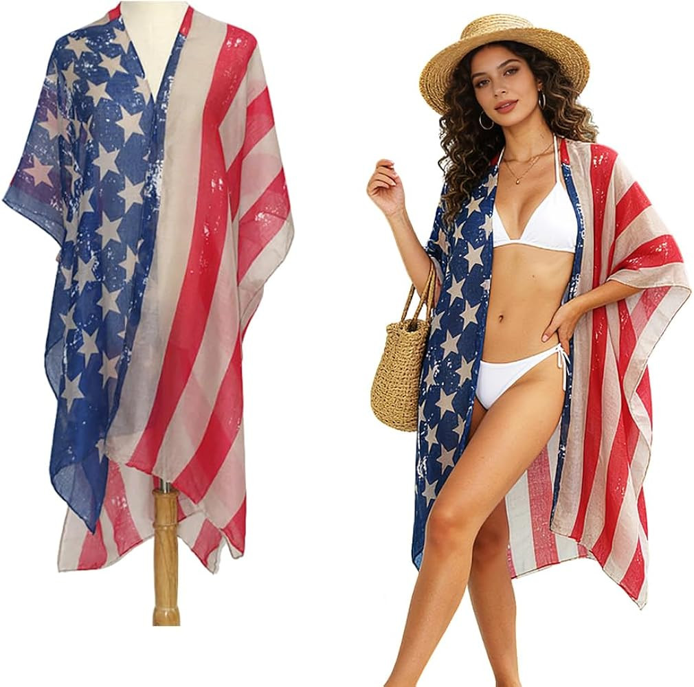 4th of July Women\u2019s American Flag Beachwear Cover Up Patriotic Loose Kimono Cardigan Mesh Sw... | Amazon (US)