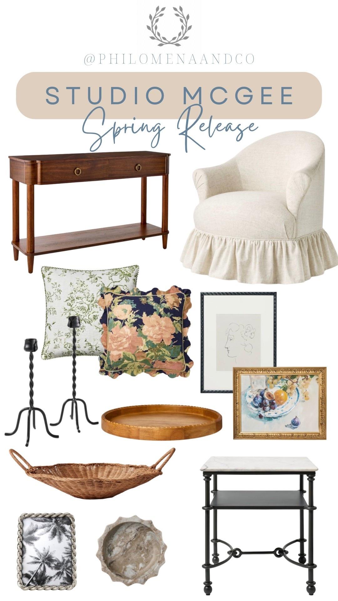 Studio McGee Spring Release 2026, accent chair, console table, dark wood console table, floral throw pillow, accent pillow, spring pillows,wall art, art, rattan bowl, woven bowl, scalloped bowl, tray, wood tray, spring decor, spring home decor, accent table, end table, marble end table, marble bowl, marble catchall, iron candleholders, candlesticks, picture frame, silver picture frame

#LTKFindsUnder100 #LTKFindsUnder50 #LTKHome