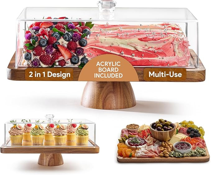 Acacia Wood Cake Stand with Lid - Rectangular Cake Holder, 2-in-1 Dessert Table Display Set & Cha... | Amazon (US)