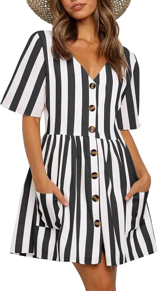 Women Short Sleeve V Neck Button Down Causal Loose Swing Shift Dresses Boho Babydoll Dress | Amazon (US)