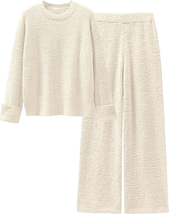 ANRABESS 2 Piece Sets for Women Fall Fuzzy Fleece Pajama Sweater Knit Top Wide Leg Pants Loungewe... | Amazon (US)