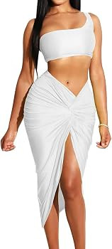 BEAGIMEG Women's Sexy One Shoulder Long Bodycon Slit Skirt 2 Pieces Dress | Amazon (US)