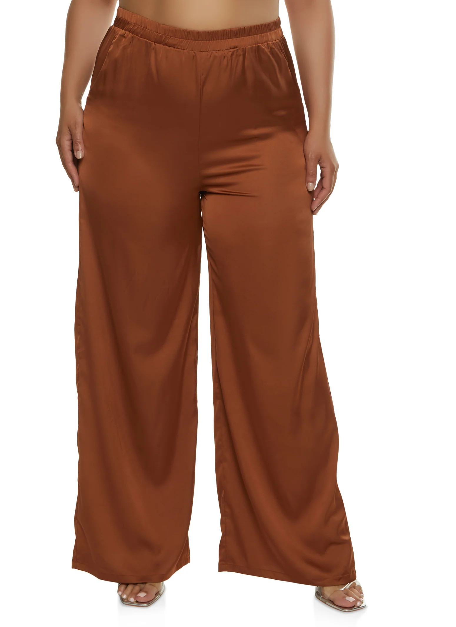 Plus Size Satin High Waist Palazzo Pants  - Camel | Rainbow Shops