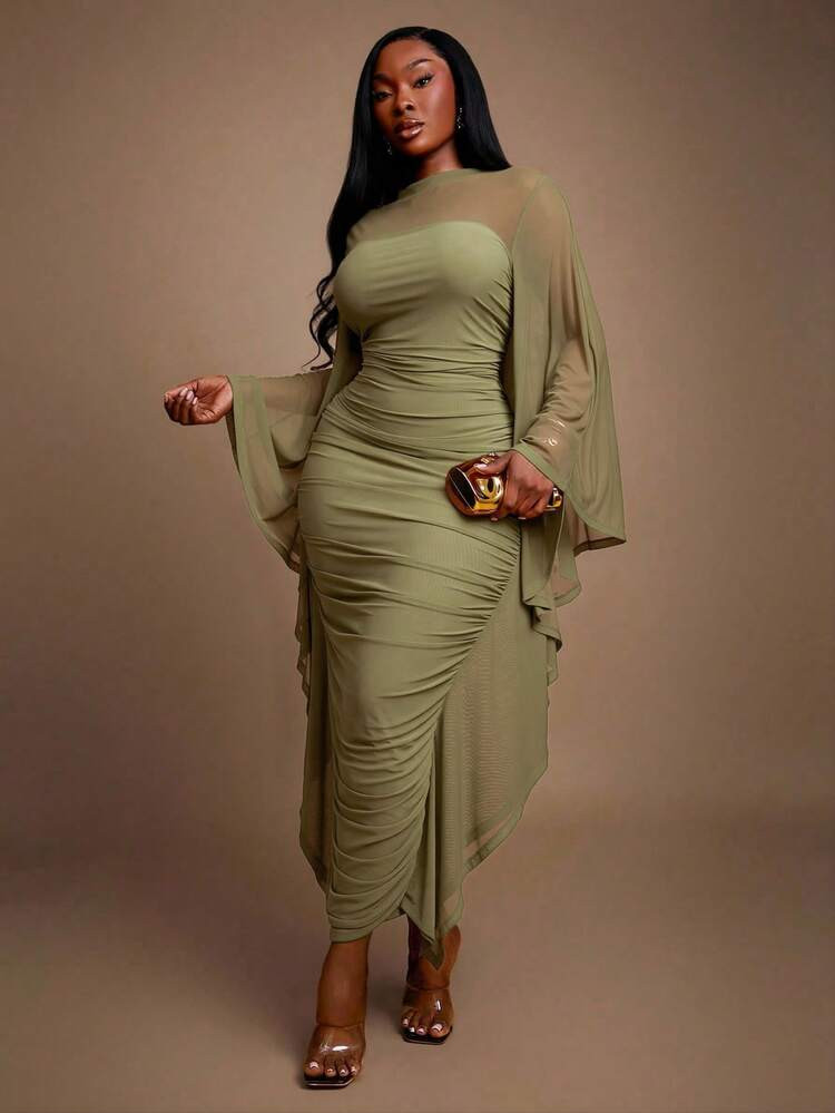 Radiana Women's Plus Size Olive Green Long Sleeve Ruched Knitted Dress With Stand Collar And Spli... | SHEIN