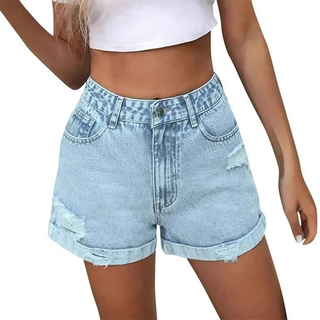 Biziza 2024 Womens Stretchy Denim Shorts Summer Casual Mid/High Folded Raw Hem Ripped Distressed Stretchy Short Jeans with Pockets S-5XL | Walmart (US)