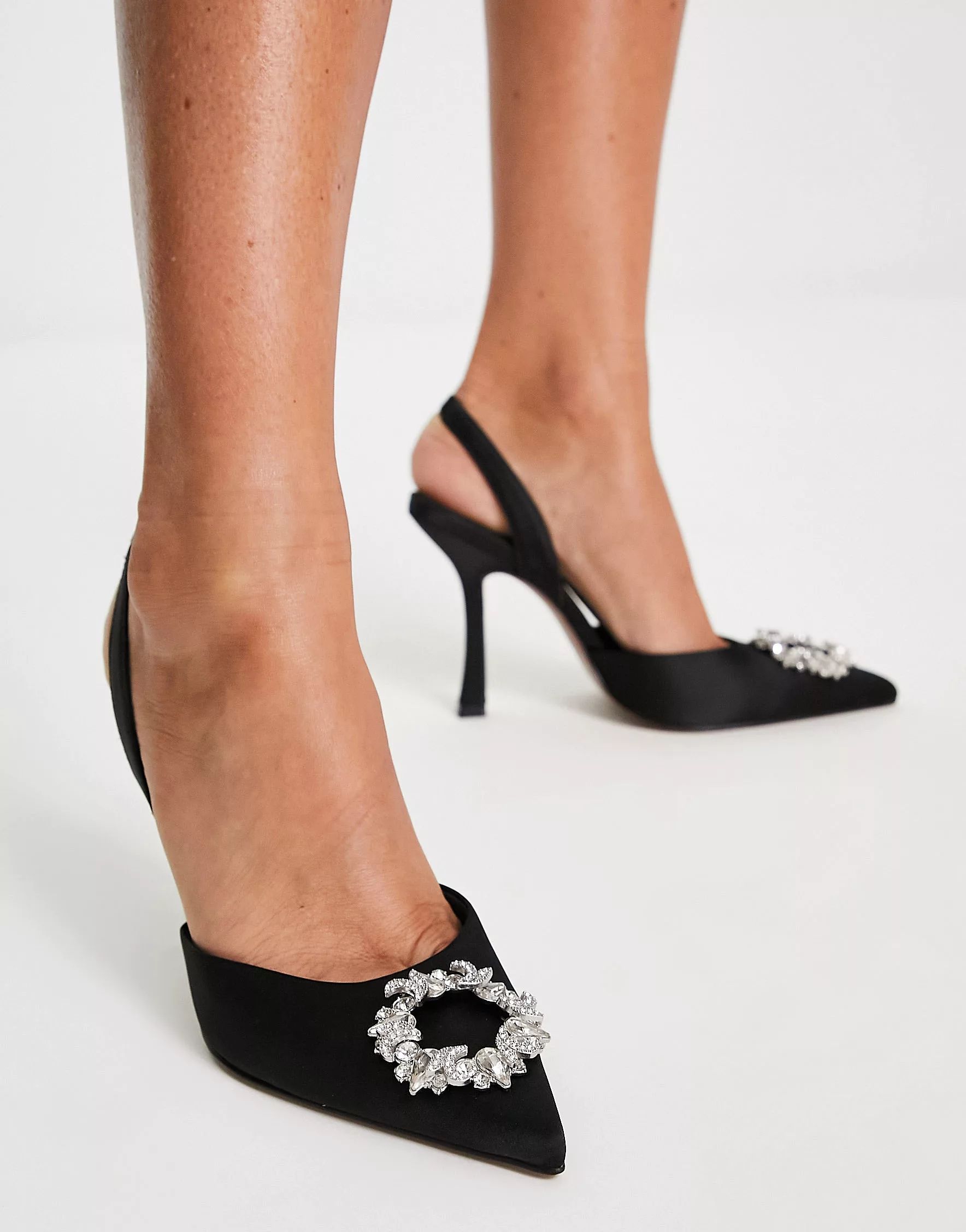 ASOS DESIGN Poppy embellished slingback high heeled shoes in black | ASOS (Global)